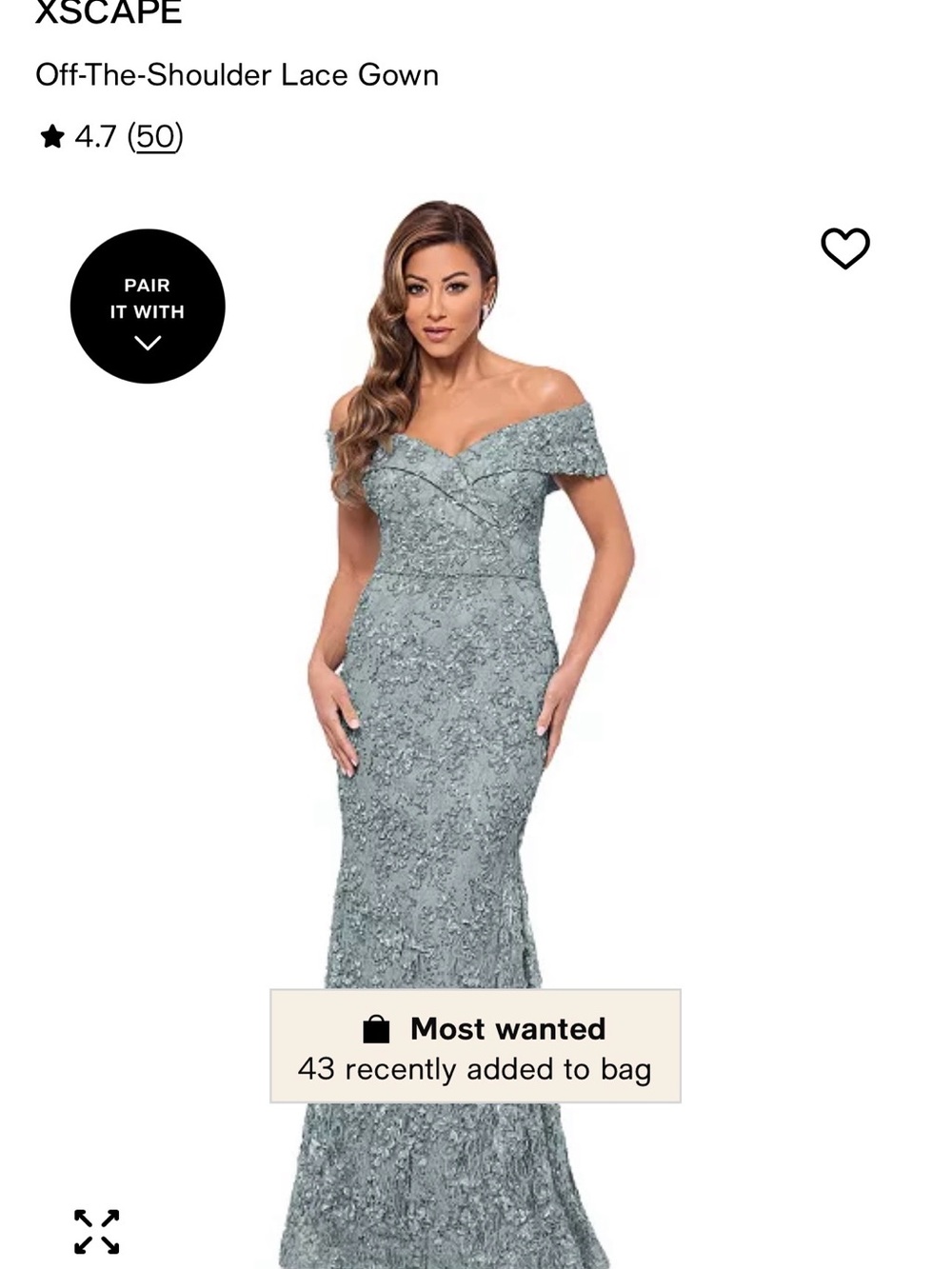 Xscape Off-Shoulder Lace Gown in Dusty Blue